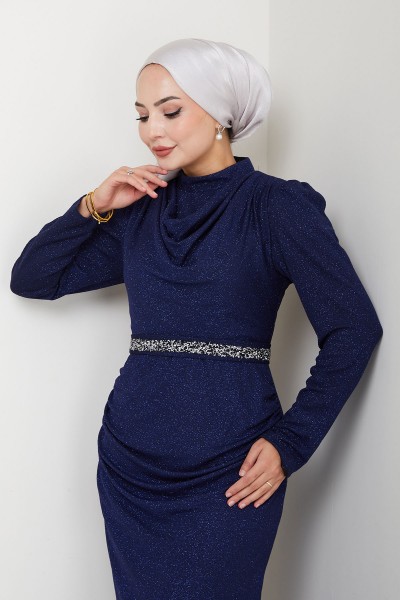 Tane Şık Taş Detaylı Tesettür Abiye - Lacivert